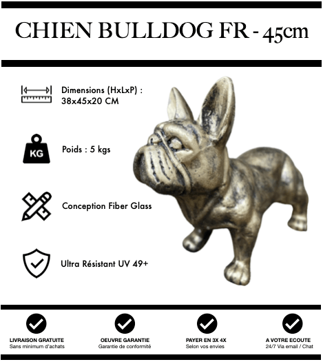 Sculpture Chien Bulldog FR Resine 45cm Statue - Or - MUZZANO