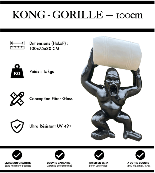 Sculpture Gorille Resine 100cm Debout avec Tonneau Statue - Noir et Blanc - MUZZANO
