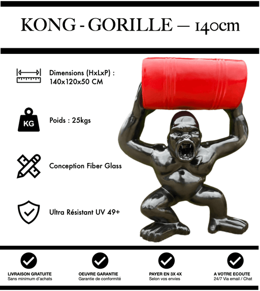 Sculpture Gorille Resine 140cm Debout avec Tonneau Statue - Noir & Rouge - MUZZANO