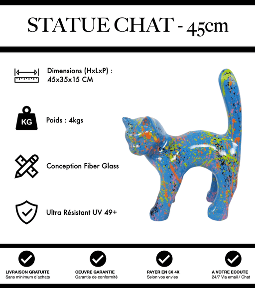 Sculpture Chat Resine 45cm Statue - Graffiti Bleu - MUZZANO
