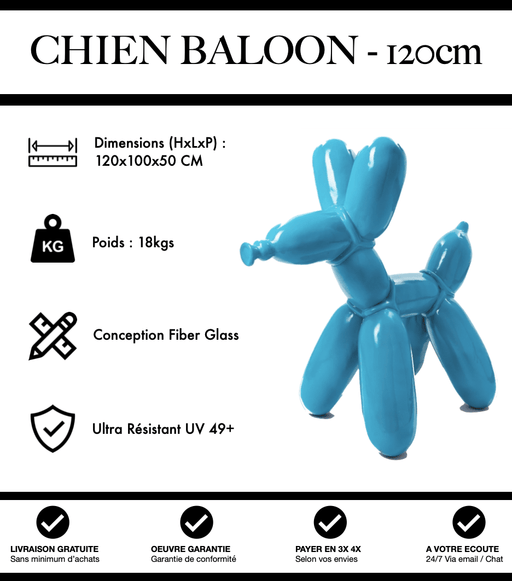 Sculpture Chien Baloon Resine 120cm Statue - Bleu Clair - MUZZANO