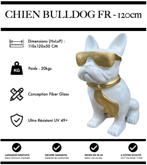 Sculpture Chien Bulldog FR Resine 120cm Statue - Gold & White - MUZZANO