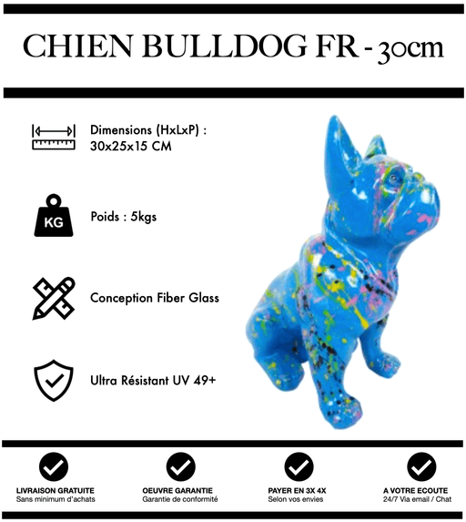 Sculpture Chien Bulldog FR Resine 30cm Statue - Graffiti Bleu - MUZZANO