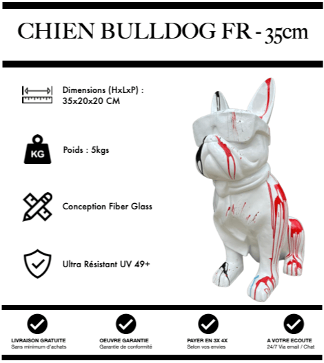 Sculpture Chien Bulldog FR Resine 35cm Statue - Rouge & Noir - MUZZANO