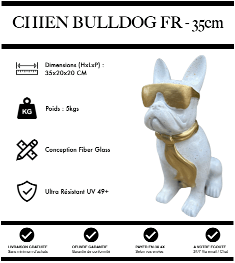 Sculpture Chien Bulldog FR Resine 35cm Statue - White & Gold - MUZZANO