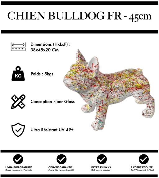 Sculpture Chien Bulldog FR Resine 45cm Statue - Graffiti Blanc - MUZZANO