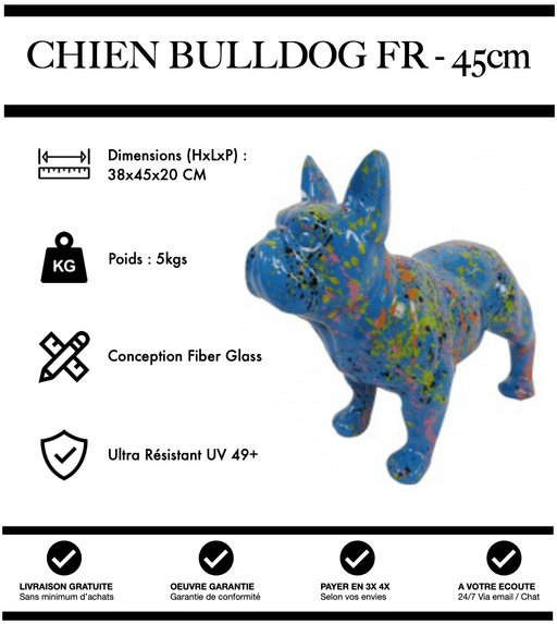 Sculpture Chien Bulldog FR Resine 45cm Statue - Graffiti Bleu - MUZZANO