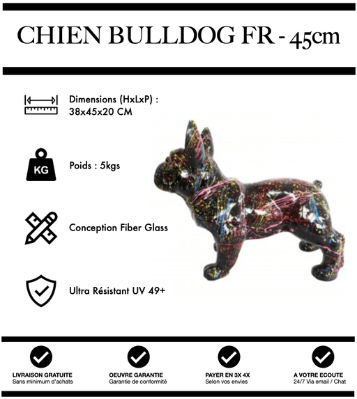 Sculpture Chien Bulldog FR Resine 45cm Statue - Graffiti Noir - MUZZANO