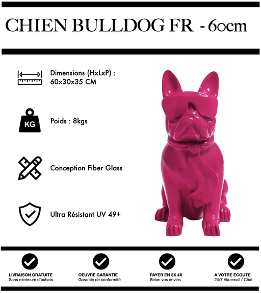 Sculpture Chien Bulldog FR Resine 60cm Statue - ROSE - MUZZANO