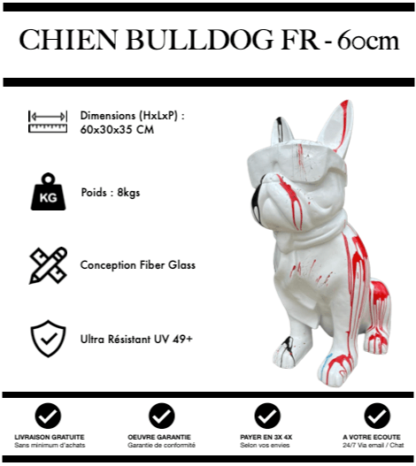 Sculpture Chien Bulldog FR Resine 60cm Statue - Rouge & Noir - MUZZANO