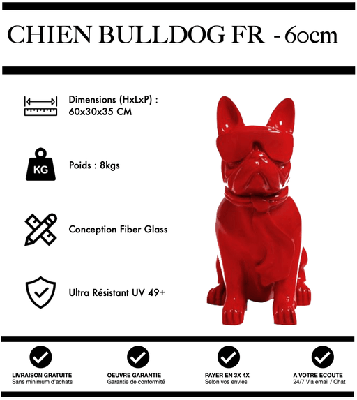 Sculpture Chien Bulldog FR Resine 60cm Statue - Rouge - MUZZANO