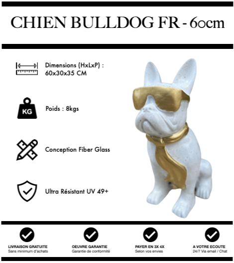Sculpture Chien Bulldog FR Resine 60cm Statue - White & Gold - MUZZANO