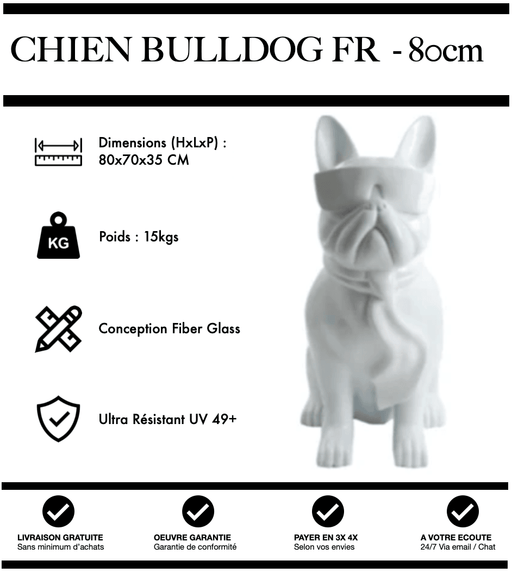 Sculpture Chien Bulldog FR Resine 80cm Statue - BLANC - MUZZANO