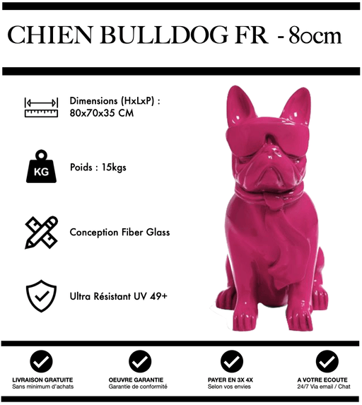 Sculpture Chien Bulldog FR Resine 80cm Statue - ROSE - MUZZANO