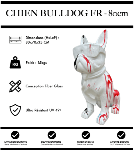 Sculpture Chien Bulldog FR Resine 80cm Statue - Rouge & Noir - MUZZANO