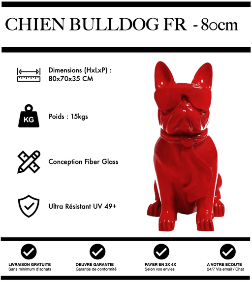 Sculpture Chien Bulldog FR Resine 80cm Statue - Rouge - MUZZANO