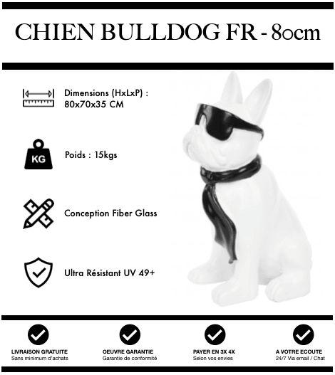 Sculpture Chien Bulldog FR Resine 80cm Statue - White & Black - MUZZANO