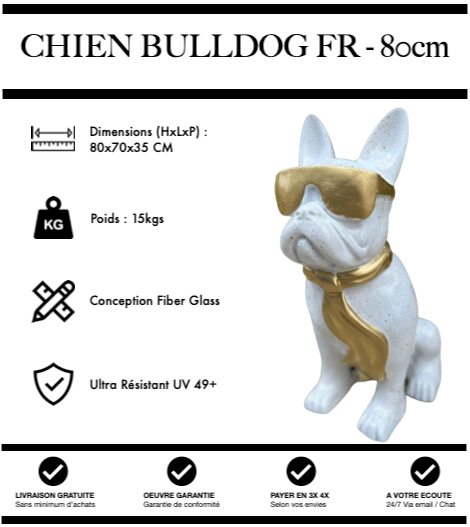 Sculpture Chien Bulldog FR Resine 80cm Statue - White & Gold - MUZZANO