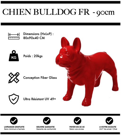 Sculpture Chien Bulldog FR Resine 90cm Statue - Rouge - MUZZANO