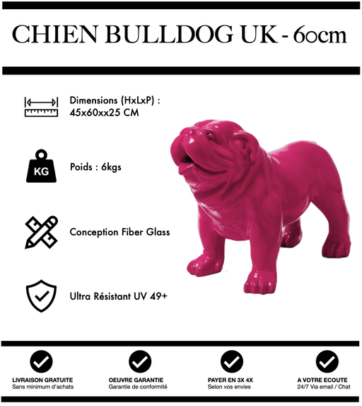 Sculpture Chien Bulldog UK Resine 60cm Statue - ROSE - MUZZANO