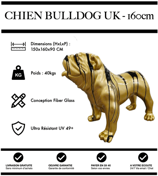 Sculpture Chien Bulldog UK Resine XXL 160cm Statue - Gold Trash - MUZZANO