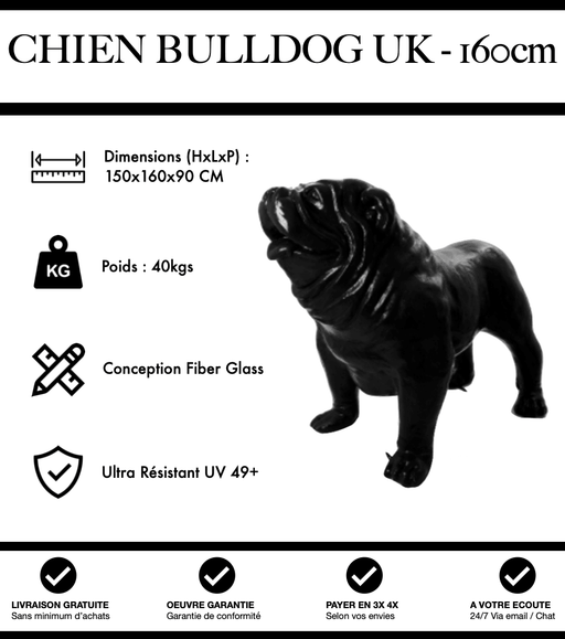 Sculpture Chien Bulldog UK Resine XXL 160cm Statue - Noir - MUZZANO