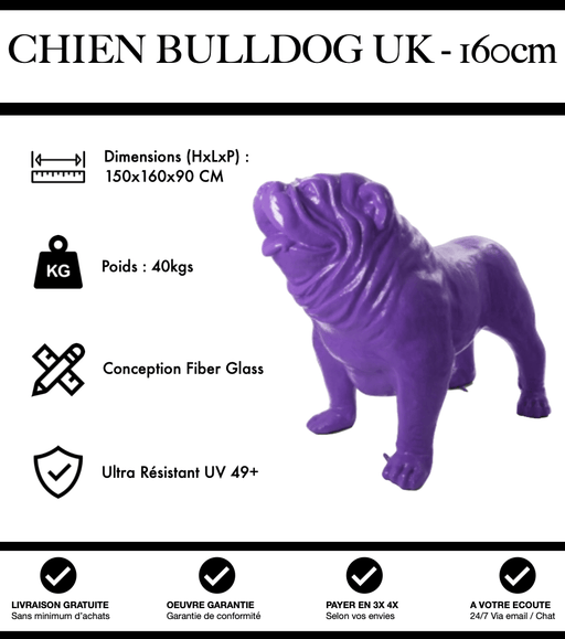 Sculpture Chien Bulldog UK Resine XXL 160cm Statue - Violet - MUZZANO