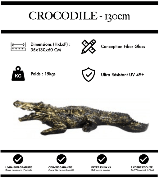 Sculpture Crocodile Resine 130cm Statue - Black and Gold - MUZZANO