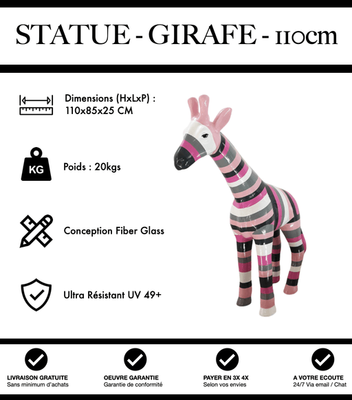 Sculpture Girafe Resine 110cm Statue - Multicolore Rose - MUZZANO