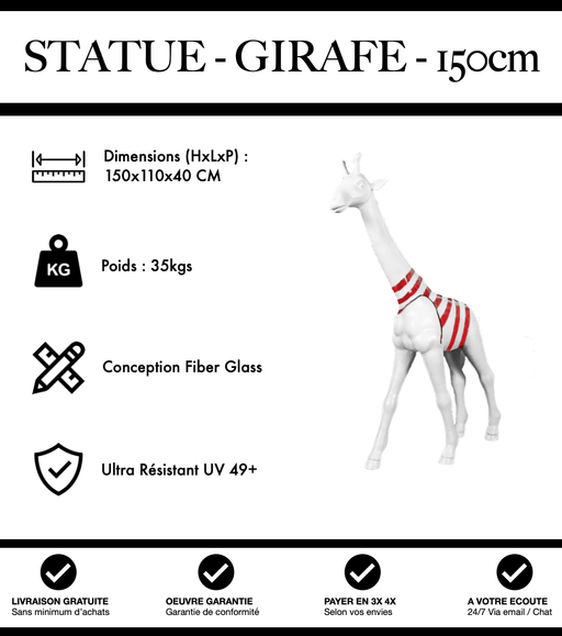 Sculpture Girafe Resine 150cm Statue - Marinière Rouge - MUZZANO