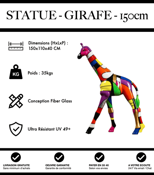 Sculpture Girafe Resine 150cm Statue - Motif Multicolore - MUZZANO