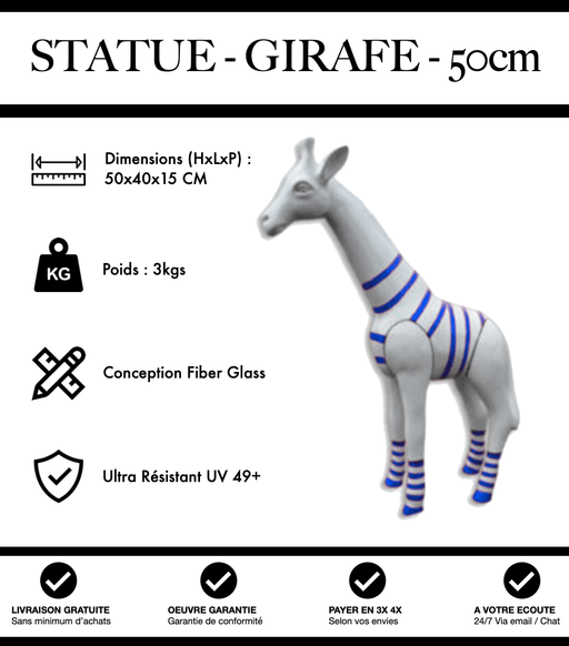 Sculpture Girafe Resine 50cm Statue - Marinière Bleu - MUZZANO