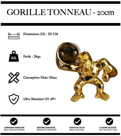 Sculpture Gorille Enervé Avec Tonneau Resine 20cm Statue - Gold Chrome - MUZZANO