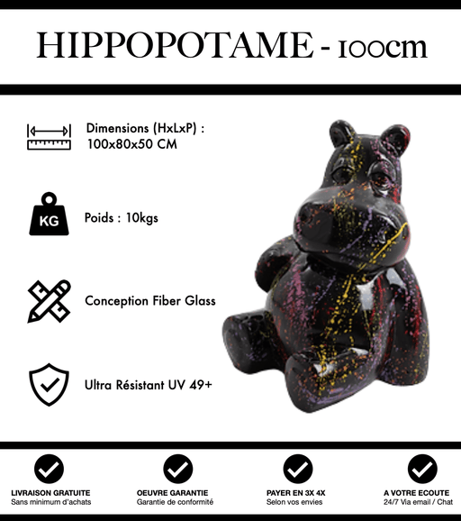 Sculpture Hippopotame Resine 100cm Statue - Graffiti Noir - MUZZANO
