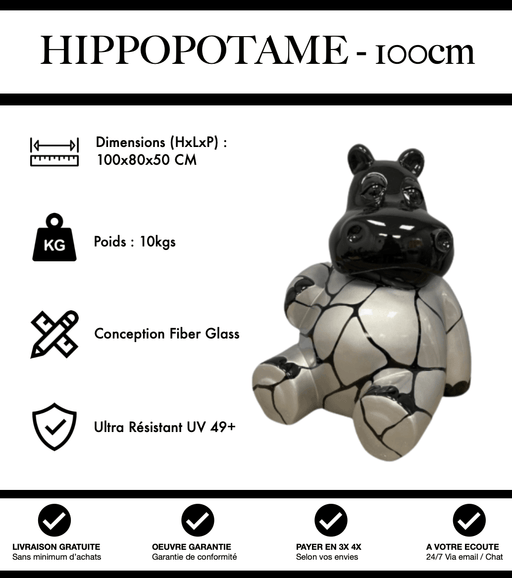 Sculpture Hippopotame Resine 100cm Statue - Noir et Argent - MUZZANO