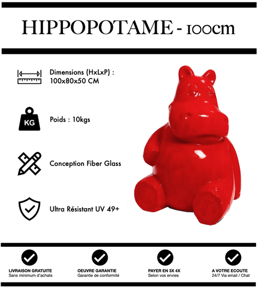 Sculpture Hippopotame Resine 100cm Statue - Rouge - MUZZANO