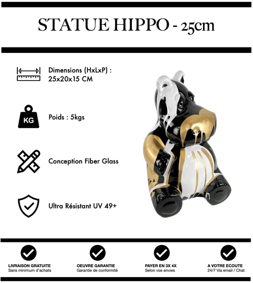 Sculpture Hippopotame Resine 25cm Statue - Black & White - MUZZANO