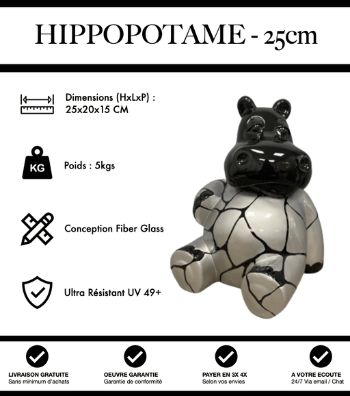 Sculpture Hippopotame Resine 25cm Statue - Noir et Argent - MUZZANO
