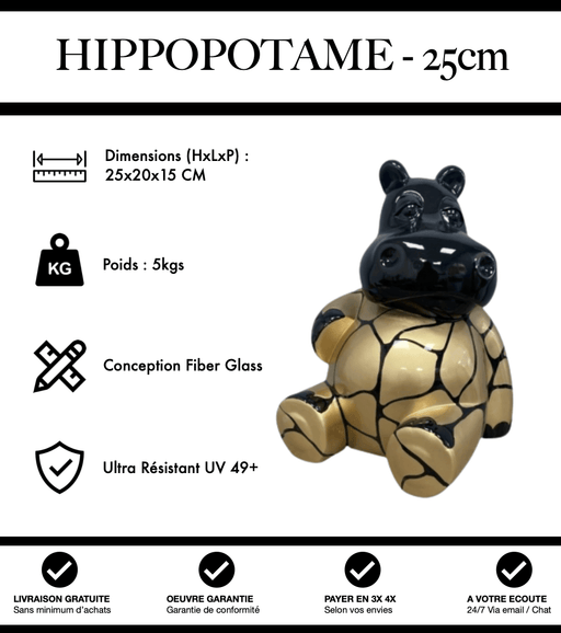 Sculpture Hippopotame Resine 25cm Statue - Noir et Or - MUZZANO