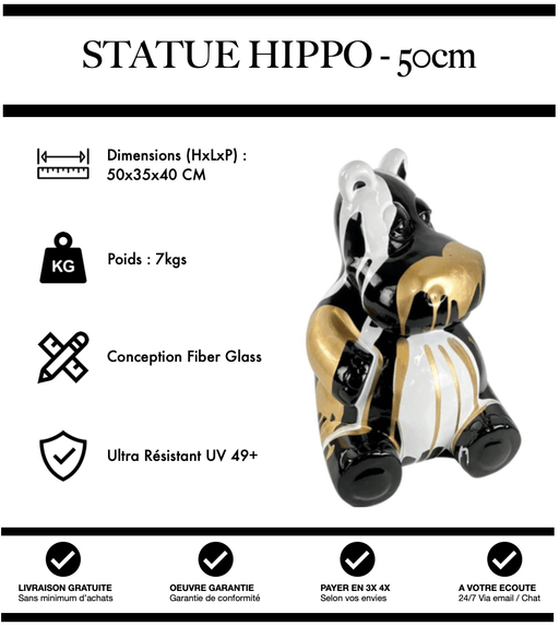 Sculpture Hippopotame Resine 50cm Statue - Black & White - MUZZANO