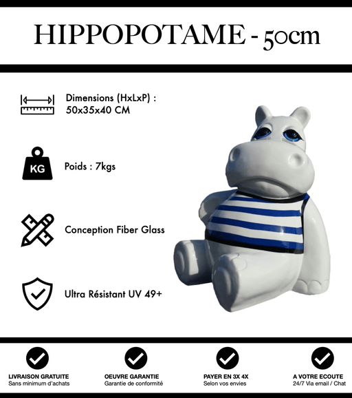 Sculpture Hippopotame Resine 50cm Statue - Marinière Bleu - MUZZANO