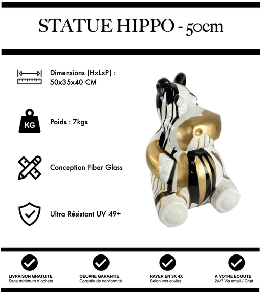Sculpture Hippopotame Resine 50cm Statue - White & Black - MUZZANO