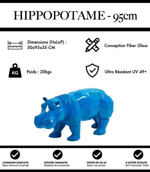 Sculpture Hippopotame Resine Origami 95cm Statue - Bleu Clair - MUZZANO