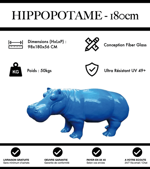 Sculpture Hippopotame Resine XXL 180cm Statue - Bleu - MUZZANO