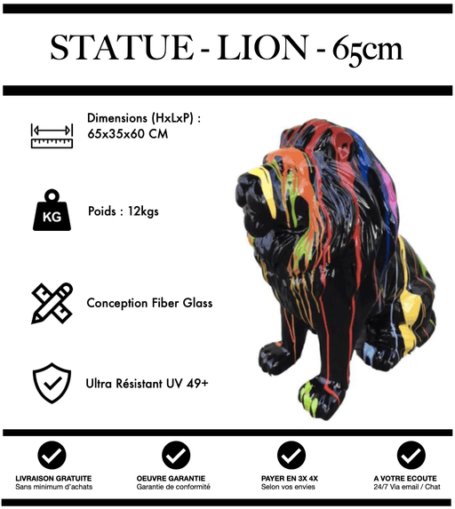 Sculpture Lion Resine 65cm Statue - Black Trash - MUZZANO