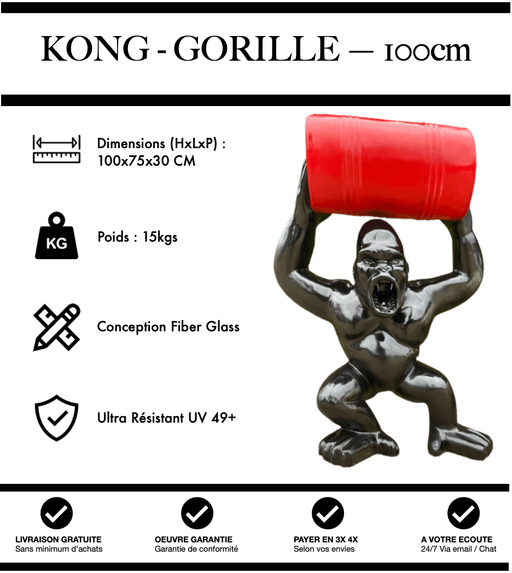 Sculpture Gorille Resine 100cm Debout avec Tonneau Statue - Noir et Rouge - MUZZANO