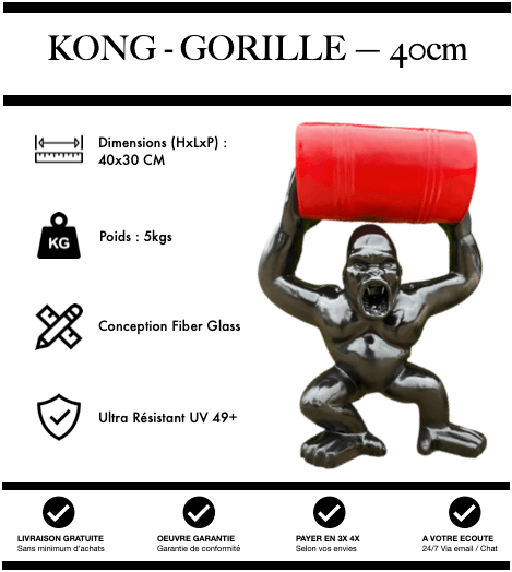 Sculpture Gorille Resine 40cm Debout avec Tonneau Statue - Noir et Rouge - MUZZANO