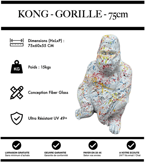 Sculpture Gorille Resine Naturel 75cm Statue - Graffiti Blanc - MUZZANO