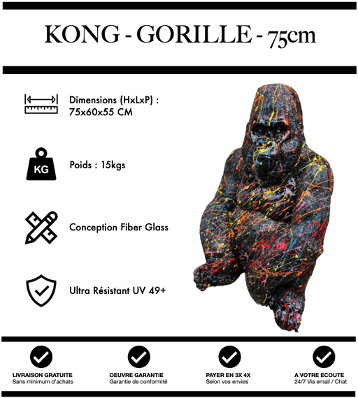 Sculpture Gorille Resine Naturel 75cm Statue - Graffiti Noir - MUZZANO