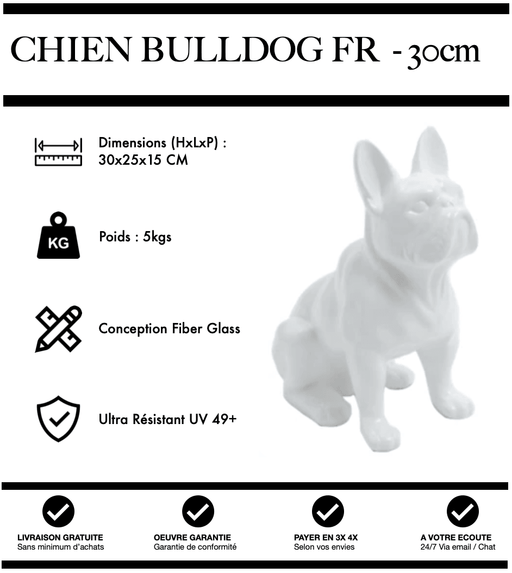 Sculpture Chien Bulldog FR Resine 30cm Statue - BLANC - MUZZANO